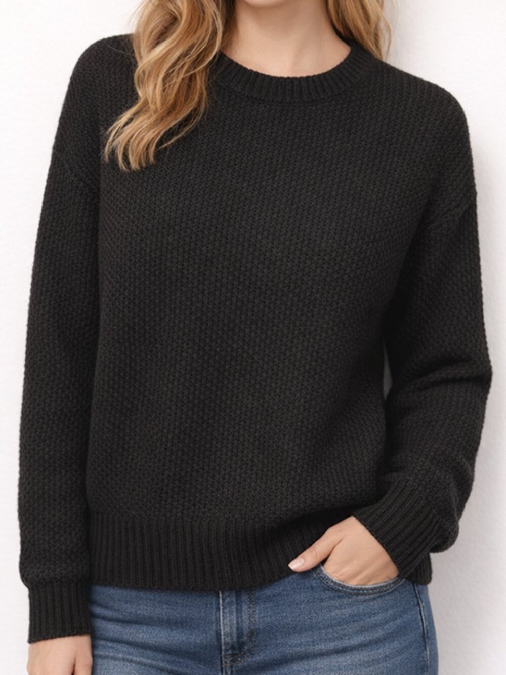 George Classic Black Textured Knit Crewneck Sweater Shirt Top size M